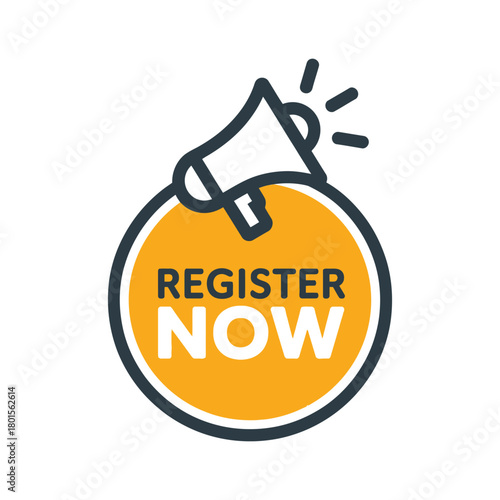Register Now Megaphone Call to Action Icon - Online Sign Up, Enrollment, and Event Vector Button