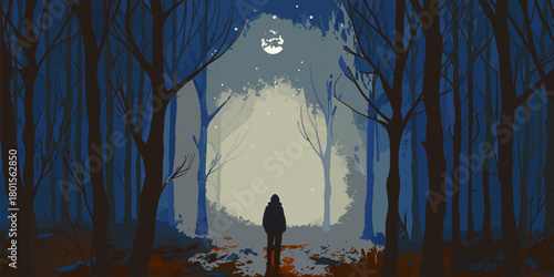Anonymous Figure in Misty Forest Under Large Moon