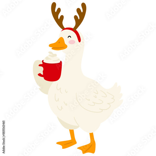 Cute and happy Christmas goose with deer’s horns and hot chocolate. Charming illustration in flat cartoon style for greeting cards, season greetings, end other design.