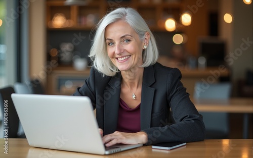 A mature businesswoman in her 50s with silver hair smiles while using her laptop in a casual cafe setting. High quality