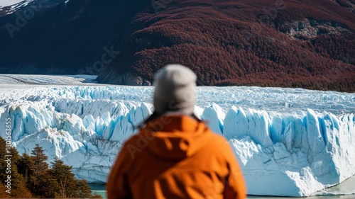 Tourist in an orange jacket admiring the massive perito moreno glacier in argentina. Panoramic landscape of the patagonian ice field and mountains in los glaciares national park