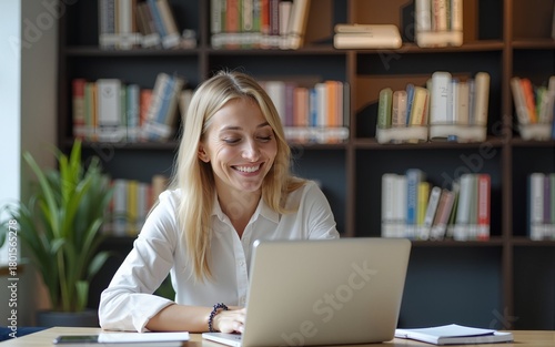 Happy mature businesswoman talking on video call at laptop in office, smiling, laughing, enjoying using online app. Senior student studying in library, watching learning webinar. High quality