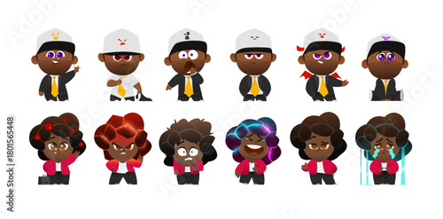 Business Baby Characters with African American Look Showing Six Emotions for Animation and Branding. Corporate Cartoon Kids in Formal Outfits Expressing Feelings and Personality