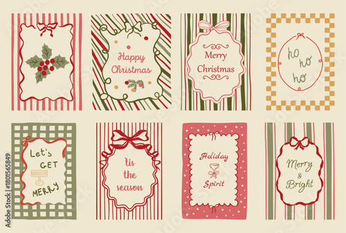Retro Christmas card set with stripes and bows. Cozy hand drawn cute posters, Xmas prints, greetings postcards, flyers with lettering and winter holiday graphic elements. Vector illustration.