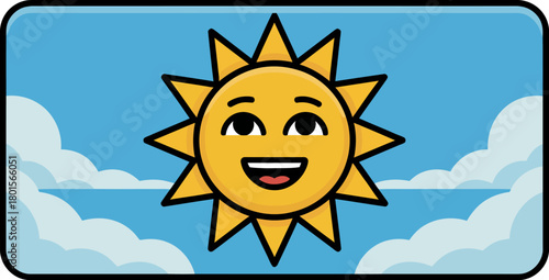 A cartoon sun smiles brightly in a clear blue sky with clouds.