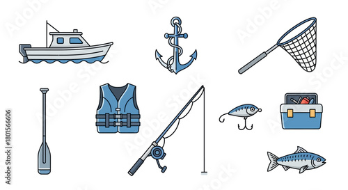 A collection of fishing and boating equipment including a boat, anchor, net, rod, lure, tackle box, and life vest.