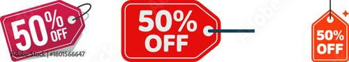 Three discount tags showing 50% off for sale promotions.