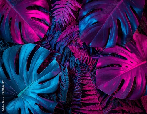 A dense, overhead arrangement of lush tropical leaves, including monstera and ferns, bathed in vibrant pink and teal neon light