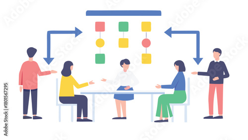 Clean flat art illustration of diverse business professionals collaborating and discussing ideas in a modern meeting room representing teamwork and strategy