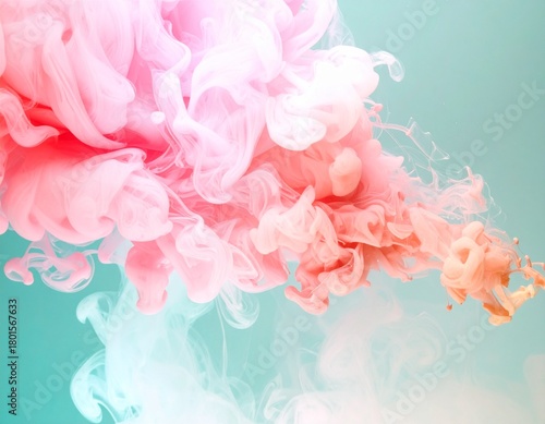 Abstract swirling clouds of vibrant pink and soft peach colored smoke, dissolving into a muted teal and pale green background