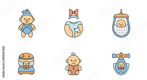 Set of six cute baby and newborn icons, including a baby in a hat, baby clothes, a baby in a bassinet, a baby in a carrier, a baby in an outfit, and a baby in a swing.