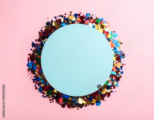 Overhead shot of a light blue circular disc on a pastel pink background, encircled by a chaotic, vibrant explosion of metallic confetti in red, gold, blue, and green.
