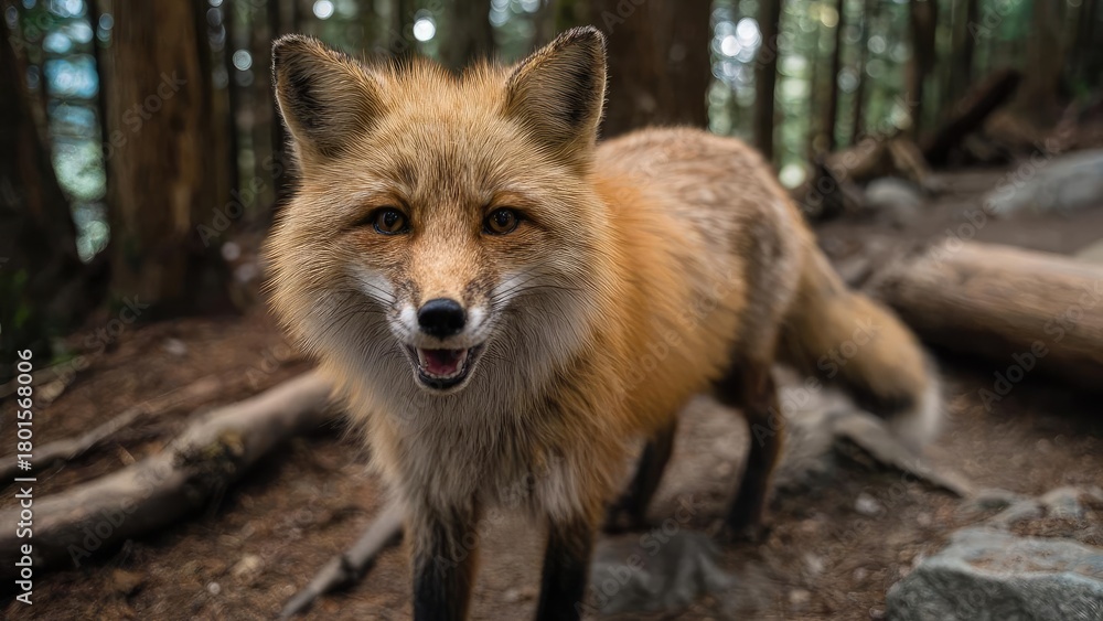 Fototapeta premium A red fox stands in a forest, looking at the camera with a friendly, open-mouthed smile and a fluffy tail. Concept Red fox portrait in a forest friendly gaze