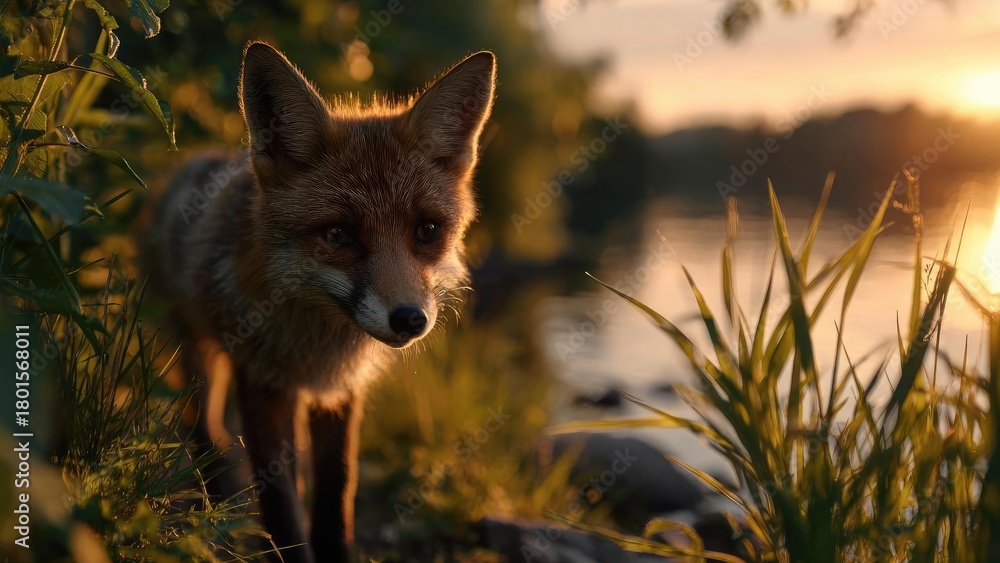 Naklejka premium A red fox standing among tall grasses by a sunlit lake at sunset, looking toward the camera. Concept Red fox in tall grasses by a sunlit lake at sunset, Direct gaze toward the camera
