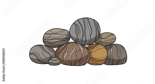 A detailed illustration of a pile of various smooth, rounded rocks and pebbles stacked together, showcasing different textures and earthy tones.