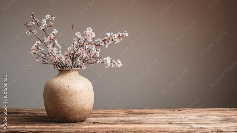 Fototapeta premium Beige ceramic vase with delicate white cherry blossoms on a wooden table against a plain neutral backdrop. Concept Minimalist Still Life, Beige Ceramic Vase, White Cherry Blossoms, Wooden Table