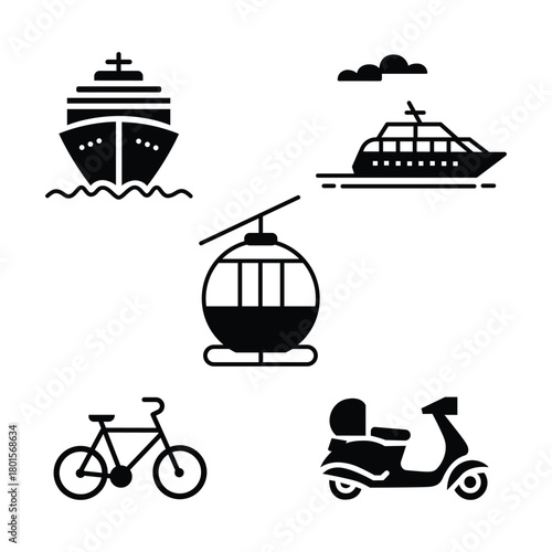 Diverse modes of transportation shown in bold black and white icons conveying travel and journey theme