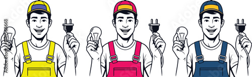 Three electricians holding light bulbs and plugs in their hands