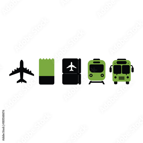 Global transportation and travel options airplane ticket train and bus showing various means of transport connectivity and tourism with green and black theme