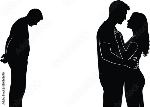 Silhouettes of a sad man and a couple embracing each other
