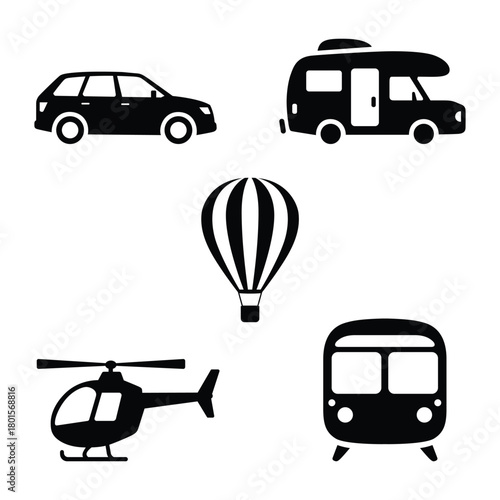 Transportation methods vector illustration featuring car RV hot air balloon helicopter and train public transport icons for design projects