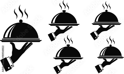 Several black and white illustrations of hands holding food trays