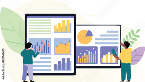 Detailed 3d render of a financial analyst meticulously comparing business analytics data on a screen showcasing growth and strategy