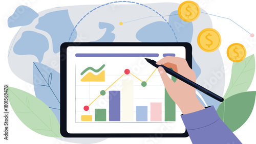 Man artistically drawing on a digital tablet with a stylus creating a detailed 3d render of a futuristic cityscape