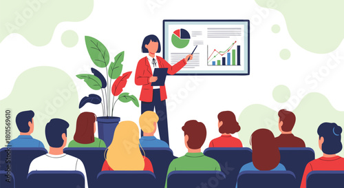 Professional Businesswoman Delivering Engaging Presentation to Diverse Audience in Modern Conference Room, Explaining Data Trends and Strategies