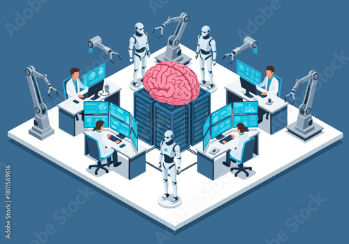 Artificial intelligence scientists collaborate with robots and data servers on complex cerebral research projects