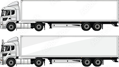 Two white semi trucks with trailers on a white background side view