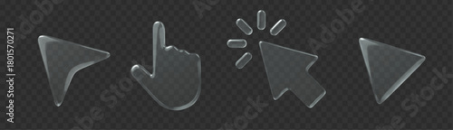 3d glass icon cursor set on dark transparent background. Arrow shape vector element.