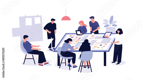 Dynamic illustration depicting diverse individuals actively engaged in collaborative teamwork brainstorming ideas and problem solving in a modern creative workspace environment