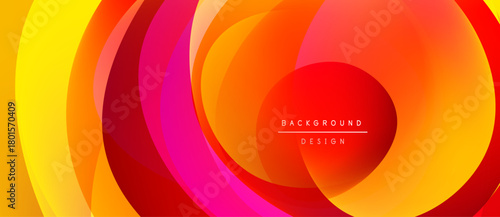 Abstract layers create vibrant circular design. Warm colors dominate, blending yellow, orange, pink, red. Modern aesthetic, suitable background element.