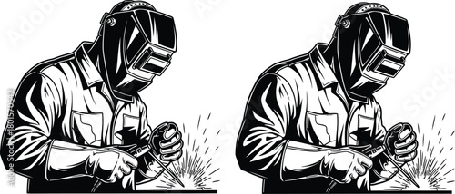 Two identical welders working with sparks in a monochrome art