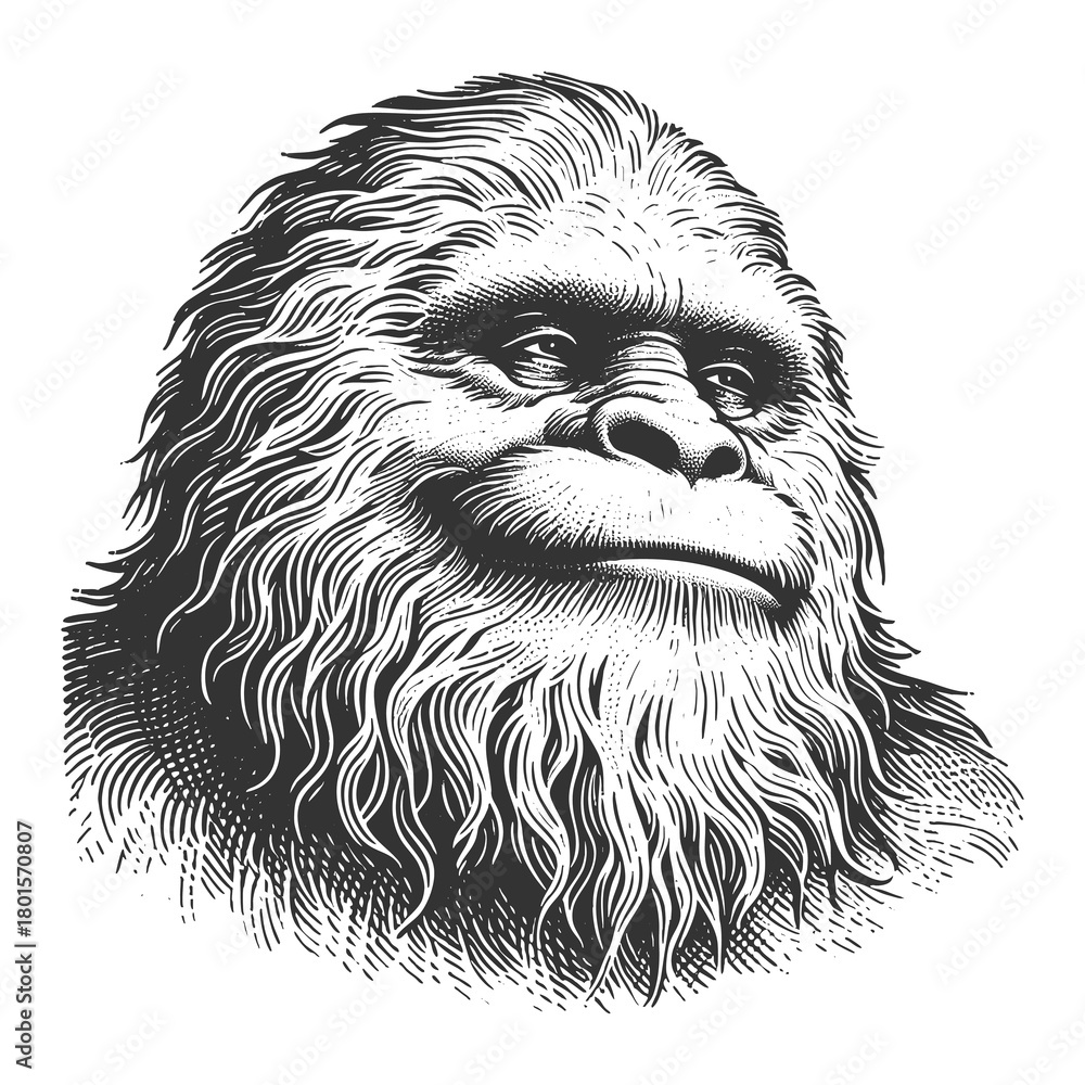 Obraz premium Bigfoot Yeti or Sasquatch creature, created in a vintage engraving style. sketch engraving generative ai fictional character raster illustration. Scratch board imitation. Black and white image.