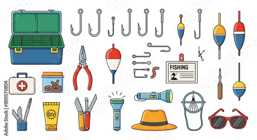 A comprehensive collection of fishing equipment and essential outdoor gear, including tackle box, hooks, floats, tools, and safety items, laid out on a white background.