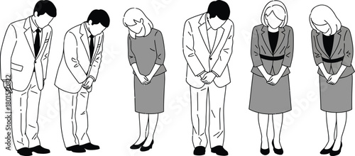 Illustration of people bowing in business attire grayscale image