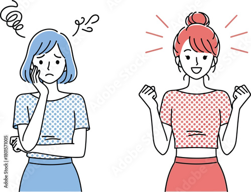 Woman showing before and after results with different emotions