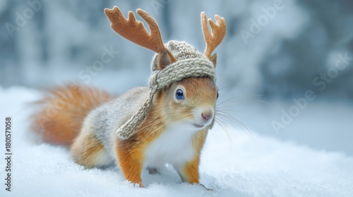 Fototapeta Naklejka Na Ścianę i Meble -  Christmas winter holiday , funny wildlife animals - Cute red squirrel with knitted hat and antlers in snow
