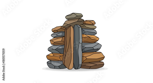 A carefully balanced stack of various natural rocks and stones forming a cairn on a white background.