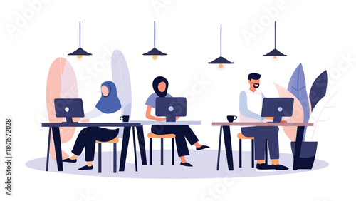 Digital illustration of a diverse team collaborating on a computer project showcasing unity and innovation in a modern workplace setting