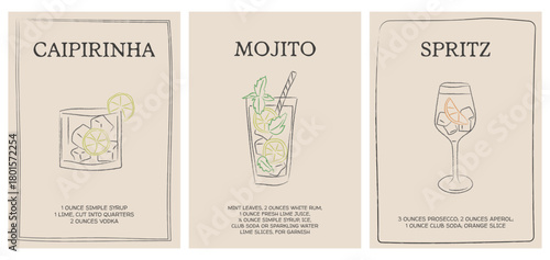 Retro cocktail recipe set with hand drawn doodle illustrations of Caipirinha, Mojito, and Spritz drinks. Minimal design. Vintage mixology guide for bar menu, kitchen prints, or party decor. Vector