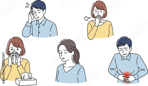 Illustration of people experiencing various health symptoms