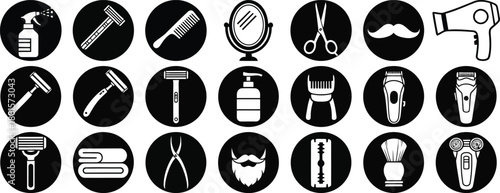 Collection of black and white barber shop related icons set