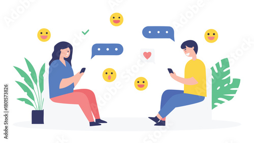 Flat design illustration of diverse people connecting and communicating through mobile chat on their smartphones symbolizing digital communication and social networking