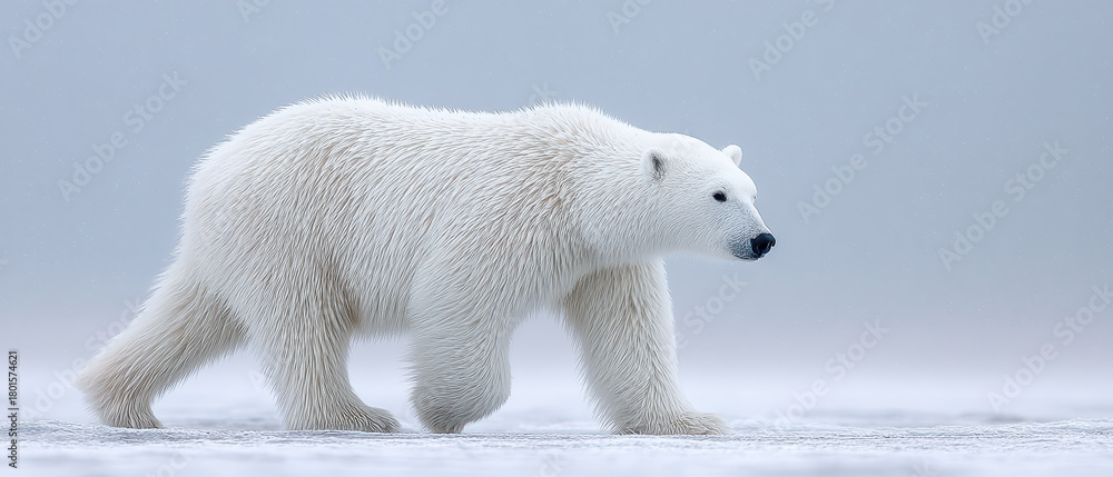 Fototapeta premium Majestic polar bear walks gracefully across snowy landscape showcasing beauty of wild animals in their natural habitat. serene environment highlights bear striking white fur and powerful presence