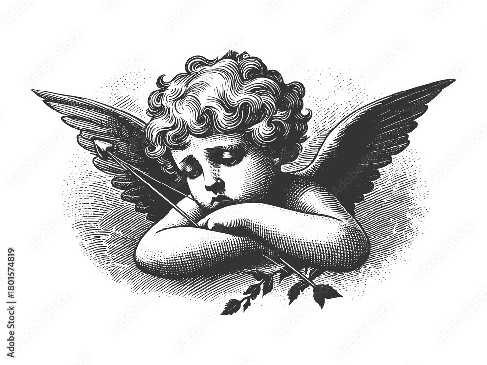 Fototapeta premium sorrowful cherub angel sitting with head bowed and wings folded sketch engraving generative ai fictional character raster illustration. Scratch board imitation. Black and white image.