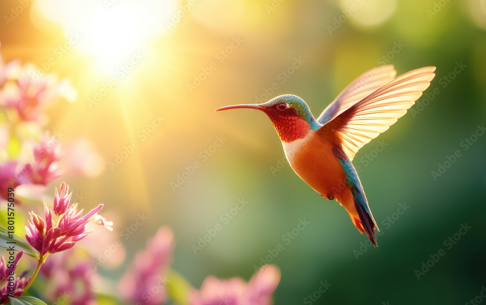 Obraz premium Vibrant hummingbird hovers gracefully among colorful flowers, illuminated by warm glow of sunlight. This enchanting scene captures beauty of wild animals in their natural habitat