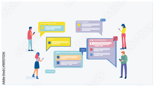 Flat digital illustration of a social media comment interface featuring icons for likes shares and user profiles suitable for web design and digital marketing